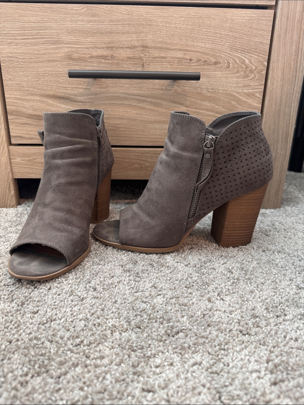 Universal Thread Taupe Grey Suede Peep-Toe Block Heel Booties